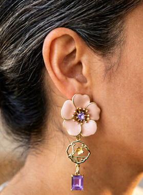 Vintage Light Peach Enamel Flowers Dangle Earrings with lavendar charm crystals
